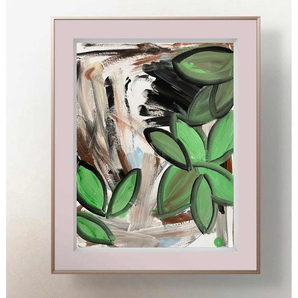 O Abstract Expressionism Original Painting Botanical Leaf Art Earthy Modern 9x12